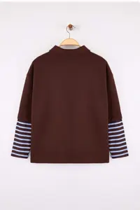 Trendyol Curve Brown Polo Shirt Collar Sleeves Striped Plus Size Sweatshirt - Image 8