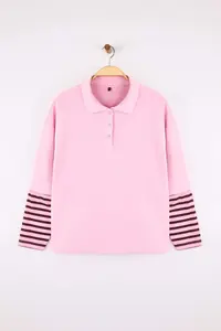 Trendyol Curve Pink Polo Shirt Collar Sleeves Striped Plus Size Sweatshirt