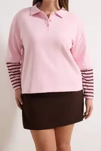 Trendyol Curve Pink Polo Shirt Collar Sleeves Striped Plus Size Sweatshirt - Image 2