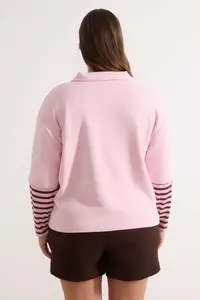 Trendyol Curve Pink Polo Shirt Collar Sleeves Striped Plus Size Sweatshirt - Image 3