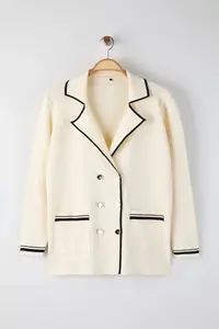 Trendyol Curve Ecru Jacket Collar Stripe Detailed Knitwear Jacket Look Cardigan - Image 5