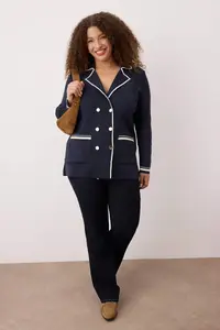 Trendyol Curve Navy Blue Jacket Collar Stripe Detailed Knitwear Jacket Look Cardigan - Image 2