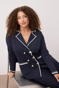 Trendyol Curve Navy Blue Jacket Collar Stripe Detailed Knitwear Jacket Look Cardigan - Image 3
