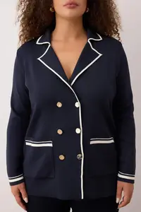 Trendyol Curve Navy Blue Jacket Collar Stripe Detailed Knitwear Jacket Look Cardigan - Image 4