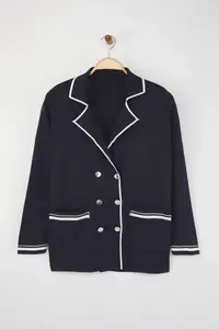 Trendyol Curve Navy Blue Jacket Collar Stripe Detailed Knitwear Jacket Look Cardigan - Image 6