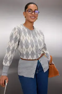 Trendyol Curve Gray Baklava Patterned Jacket Look Knitwear Cardigan - Image 2