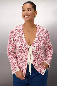 Trendyol Curve Pink flower patterned Soft Feeling Ribbon/Bow Detailed Knitwear Cardigan - Image 2