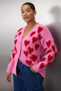 Trendyol Curve Pink Heart Patterned with bible Soft Touch Knitwear Cardigan - Image 2