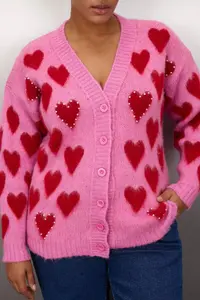 Trendyol Curve Pink Heart Patterned with bible Soft Touch Knitwear Cardigan - Image 3