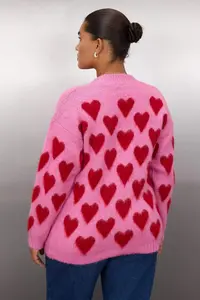Trendyol Curve Pink Heart Patterned with bible Soft Touch Knitwear Cardigan - Image 4