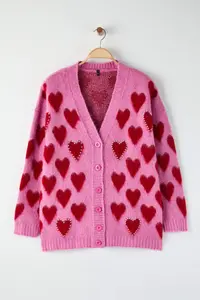 Trendyol Curve Pink Heart Patterned with bible Soft Touch Knitwear Cardigan - Image 5