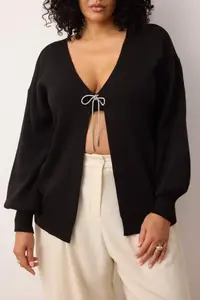 Trendyol Curve Black Bow/Ribbon Detailed Knitwear Cardigan - Image 3