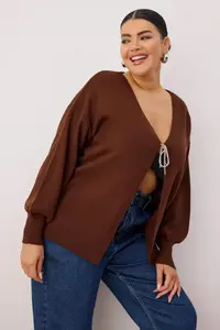 Trendyol Curve Brown Bow/Ribbon Detailed Knitwear Cardigan - Image 2