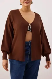 Trendyol Curve Brown Bow/Ribbon Detailed Knitwear Cardigan - Image 3