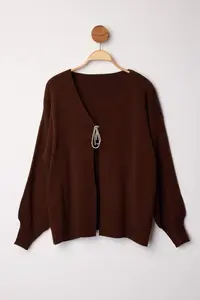 Trendyol Curve Brown Bow/Ribbon Detailed Knitwear Cardigan - Image 5