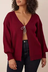 Trendyol Curve Burgundy Bow/Ribbon Detailed Knitwear Cardigan - Image 3