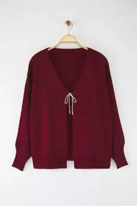 Trendyol Curve Burgundy Bow/Ribbon Detailed Knitwear Cardigan - Image 5