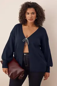 Trendyol Curve Navy Blue Bow/Ribbon Detailed Knitwear Cardigan
