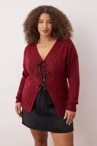 Trendyol Curve Burgundy Ribbon/Bow Detailed Knitwear Cardigan - Image 2