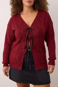 Trendyol Curve Burgundy Ribbon/Bow Detailed Knitwear Cardigan - Image 3