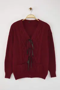 Trendyol Curve Burgundy Ribbon/Bow Detailed Knitwear Cardigan - Image 5