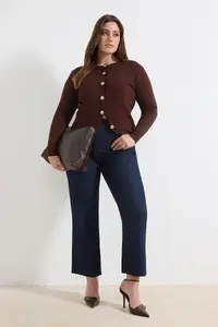 Trendyol Curve Brown Premium/Special Yarn Rose buttoned Jacket Look Knitwear Cardigan