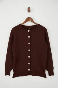 Trendyol Curve Brown Premium/Special Yarn Rose buttoned Jacket Look Knitwear Cardigan - Image 5