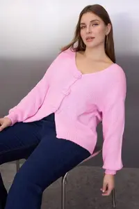 Trendyol Curve Pink Flower Detailed Knitwear Cardigan
