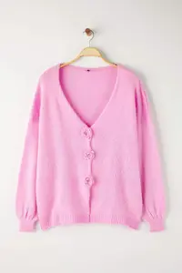 Trendyol Curve Pink Flower Detailed Knitwear Cardigan - Image 5