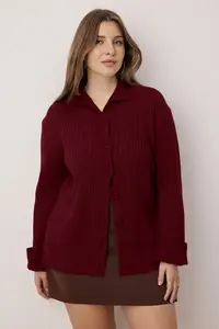 Trendyol Curve Burgundy Soft textured Dog collar Knitwear Cardigan - Image 2
