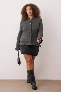 Trendyol Curve Anthracite Button & Flywheel Detailed Soft textured Knitwear Cardigan