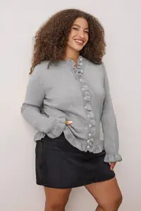 Trendyol Curve Light Gray Button & Flywheel Detailed Soft textured Knitwear Cardigan