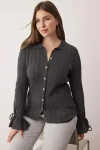 Trendyol Curve Anthracite Mercerized Look Ribbed Polo Shirt Collar Knitwear Cardigan - Image 2