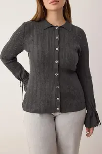 Trendyol Curve Anthracite Mercerized Look Ribbed Polo Shirt Collar Knitwear Cardigan - Image 3