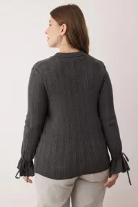 Trendyol Curve Anthracite Mercerized Look Ribbed Polo Shirt Collar Knitwear Cardigan - Image 4