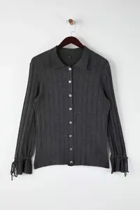 Trendyol Curve Anthracite Mercerized Look Ribbed Polo Shirt Collar Knitwear Cardigan - Image 5