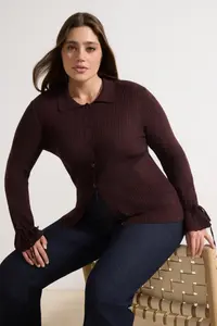 Trendyol Curve Burgundy Mercerized Look Ribbed Polo Shirt Collar Knitwear Cardigan - Image 2