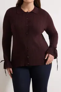 Trendyol Curve Burgundy Mercerized Look Ribbed Polo Shirt Collar Knitwear Cardigan - Image 3