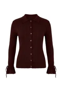 Trendyol Curve Burgundy Mercerized Look Ribbed Polo Shirt Collar Knitwear Cardigan - Image 5