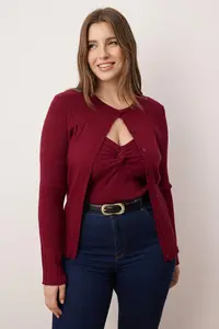 Trendyol Curve Burgundy 2 Sets Ribbed Premium/Special Yarn Soft textured Thin Knitwear Cardigan-Blouse Set