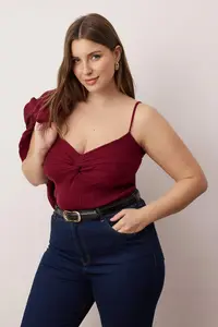 Trendyol Curve Burgundy 2 Sets Ribbed Premium/Special Yarn Soft textured Thin Knitwear Cardigan-Blouse Set - Image 2