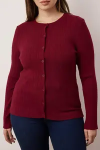 Trendyol Curve Burgundy 2 Sets Ribbed Premium/Special Yarn Soft textured Thin Knitwear Cardigan-Blouse Set - Image 3