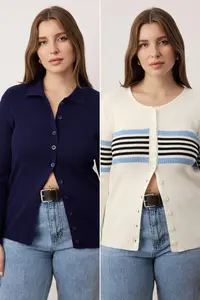 Trendyol Curve Navy Blue-Ecru Ribbed Bisiklet & Polo Shirt Collar 2 Sets Paket Knitwear Cardigan