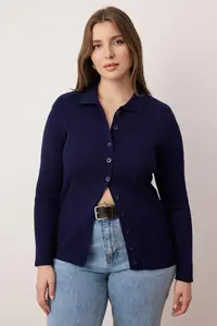 Trendyol Curve Navy Blue-Ecru Ribbed Bisiklet & Polo Shirt Collar 2 Sets Paket Knitwear Cardigan - Image 2