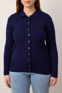 Trendyol Curve Navy Blue-Ecru Ribbed Bisiklet & Polo Shirt Collar 2 Sets Paket Knitwear Cardigan - Image 3