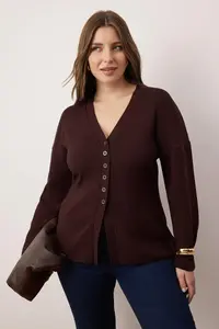 Trendyol Curve Brown V-neck Mercerized Look Premium Yarn/Special Yarn Knitwear Cardigan