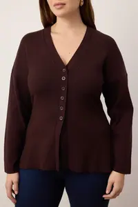 Trendyol Curve Brown V-neck Mercerized Look Premium Yarn/Special Yarn Knitwear Cardigan - Image 3