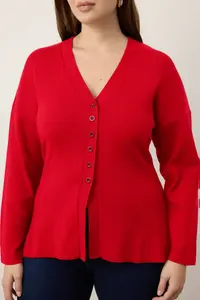 Trendyol Curve Red V-neck Mercerized Look Premium Yarn/Special Yarn Knitwear Cardigan - Image 3