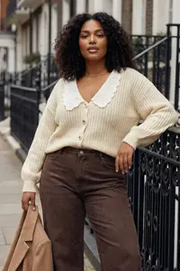 Trendyol Curve Beige Shirt Collar Garnished Soft textured Knitwear Cardigan