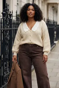 Trendyol Curve Beige Shirt Collar Garnished Soft textured Knitwear Cardigan - Image 2